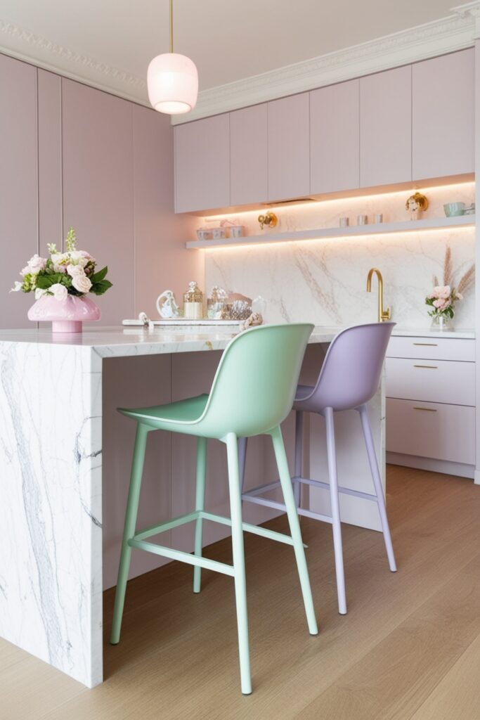 Minimal kitchen with slim pastel bar stools in mint green and lavender, tucked under a marble counter
