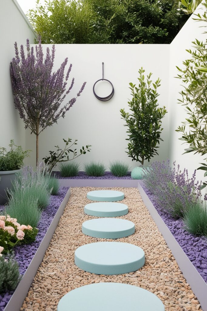 Minimalist backyard with pastel flower beds, lavender and mint greenery, gravel accents