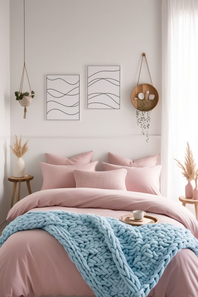 Minimalist girly bedroom with warm white walls, soft pastel pink bedding, natural wood elements