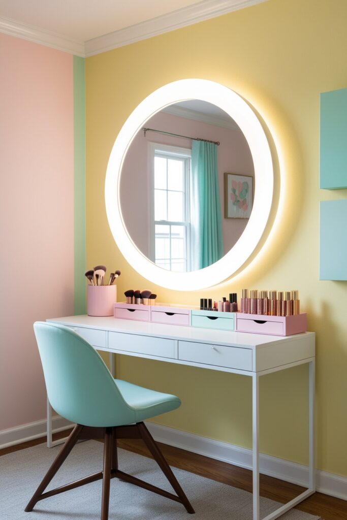 Minimalist pastel vanity with a huge bold round mirror backlit with soft glow