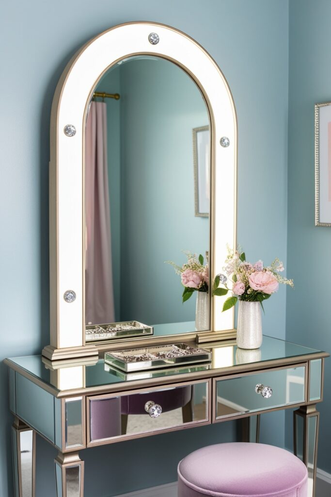 Mirrored vanity table with crystal knobs, arched mirror with glowing edges, metallic trays for jewelry