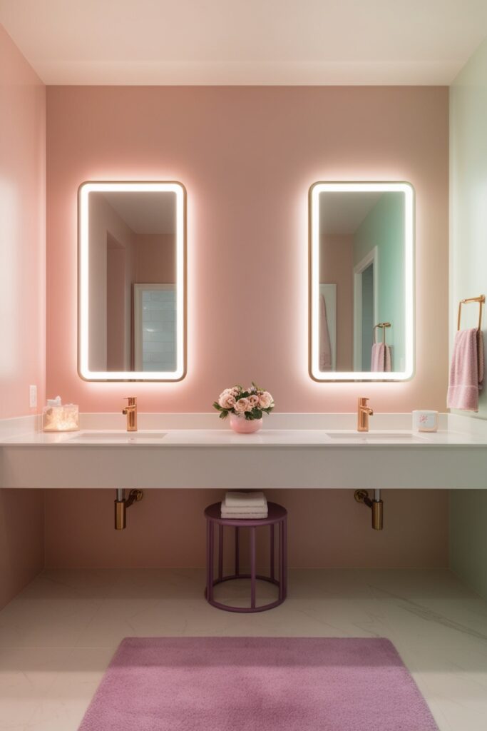 Modern Jack and Jill bathroom with glowing LED mirrors, pastel decor