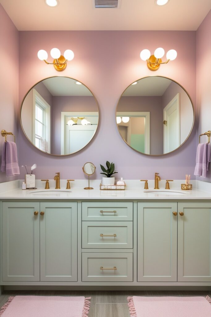 Modern Jack and Jill bathroom with two separate vanities, large round mirrors (2)