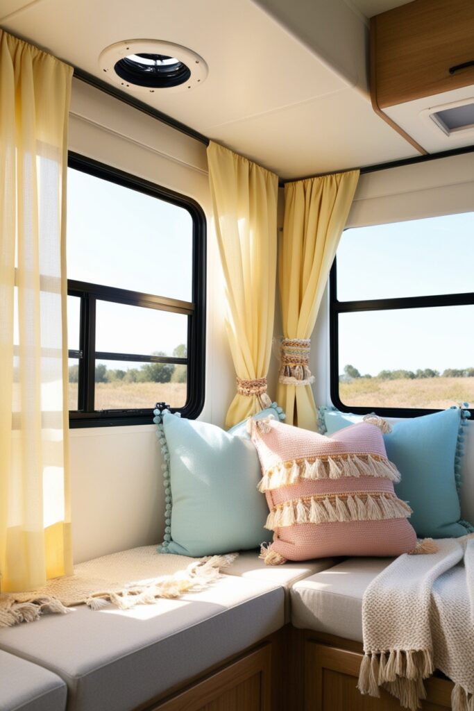 Modern RV interior with breezy pastel butter yellow curtains, soft roller shades