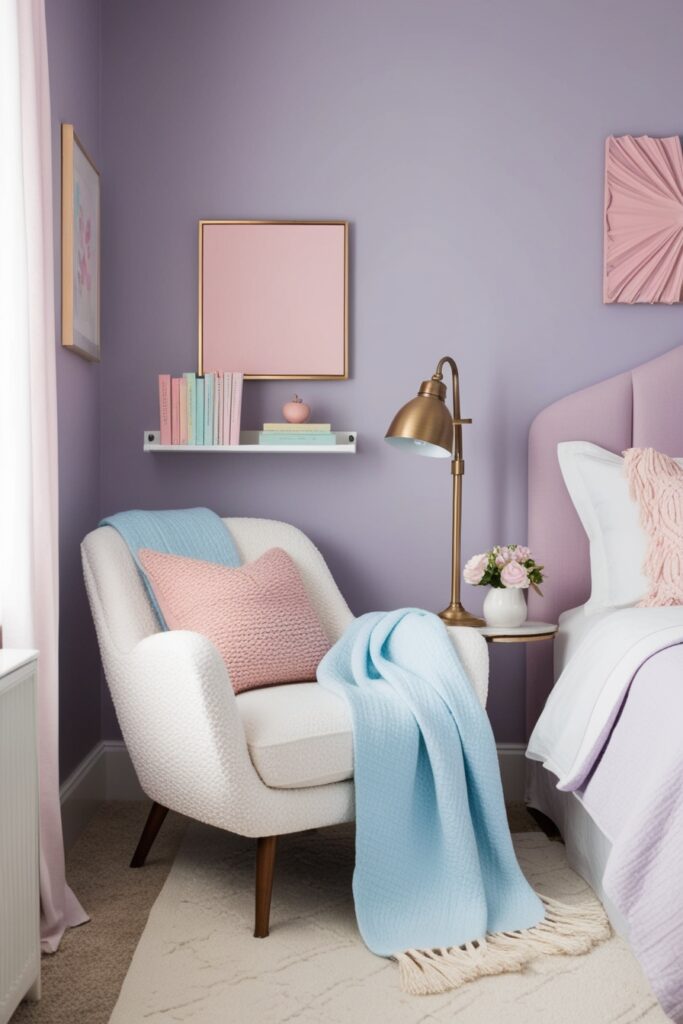 Modern aesthetic reading nook in a feminine bedroom, comfy white boucle chair, baby blue throw blanket