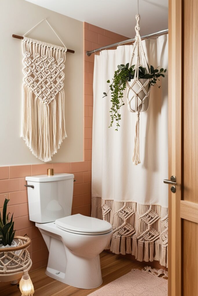 Modern boho bathroom with macramé decor macramé wall hanging above the toilet, hanging macramé plant holder