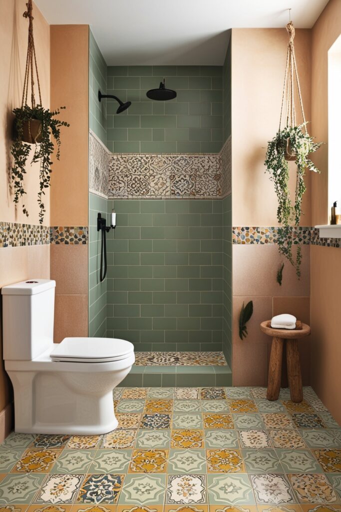 Modern boho bathroom with mix-and-match tiles, patterned Moroccan cement floor tiles