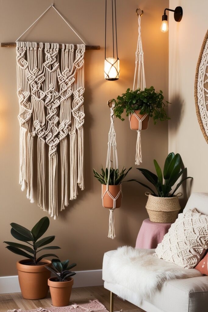 Modern boho interior with large macramé wall hanging, hanging plant holders (2)