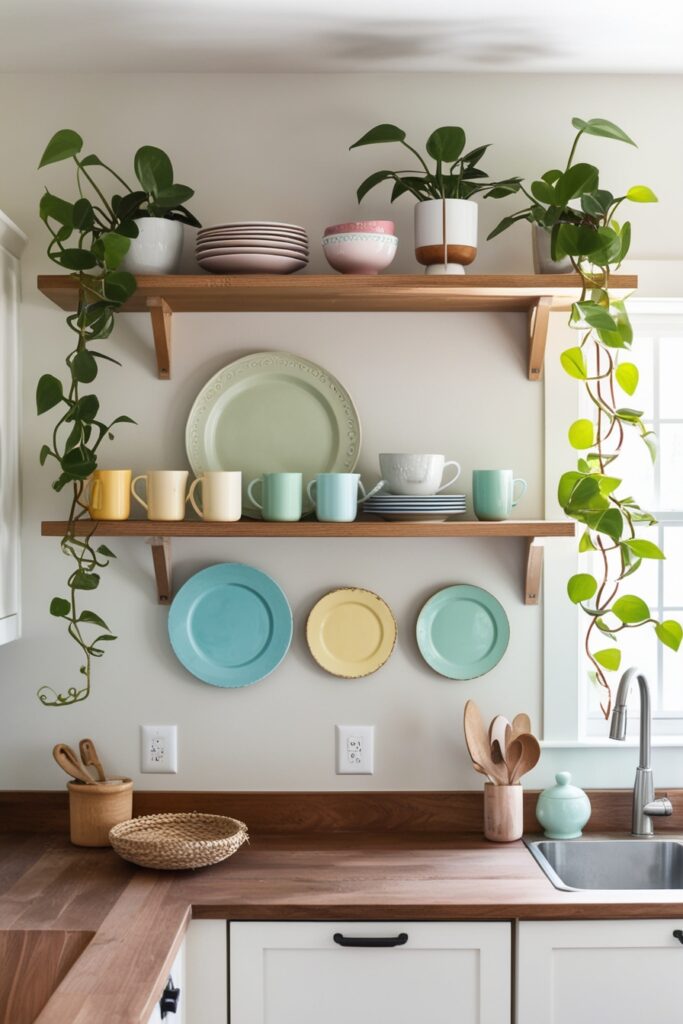 Modern boho kitchen with floating wooden open shelves, pastel-colored vintage mugs, mismatched plates