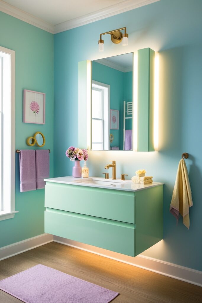 Modern floating vanity in pastel mint green with under-cabinet lighting glowing softly