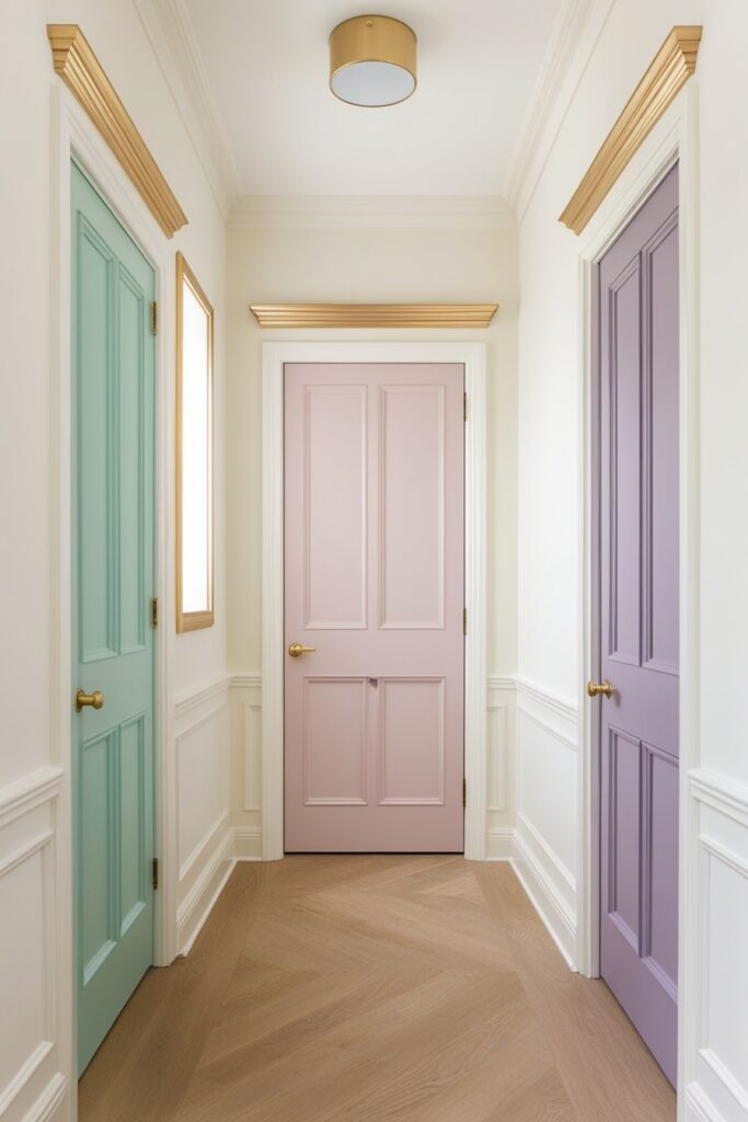 Modern girly hallway with pastel door trims in alternating tones
