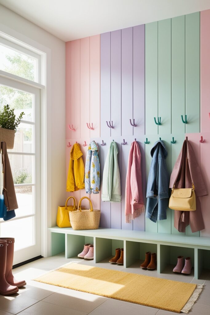 Modern girly mud room with rows of pastel-colored wall hooks