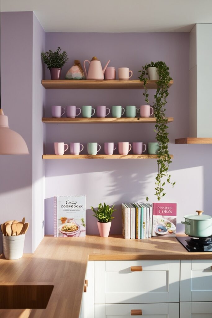 Modern open kitchen with white and pastel lavender walls, floating wooden shelves