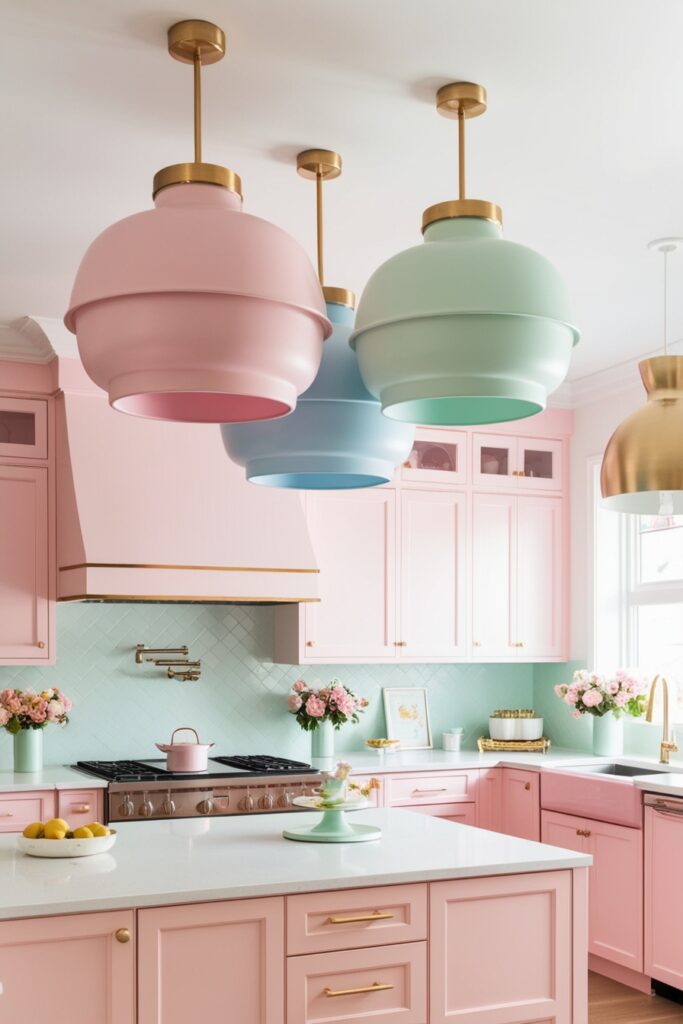 Modern pastel kitchen with an all-white ceiling, but oversized statement pendant lights