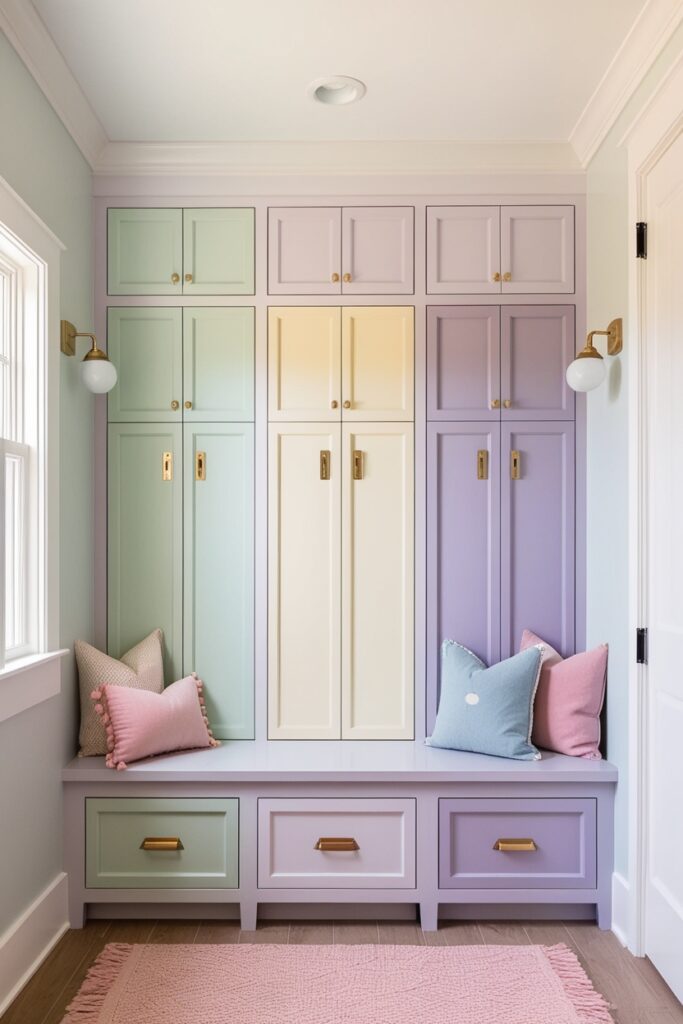 Modern pastel mud room with built-in lockers, each painted in a different pastel shade