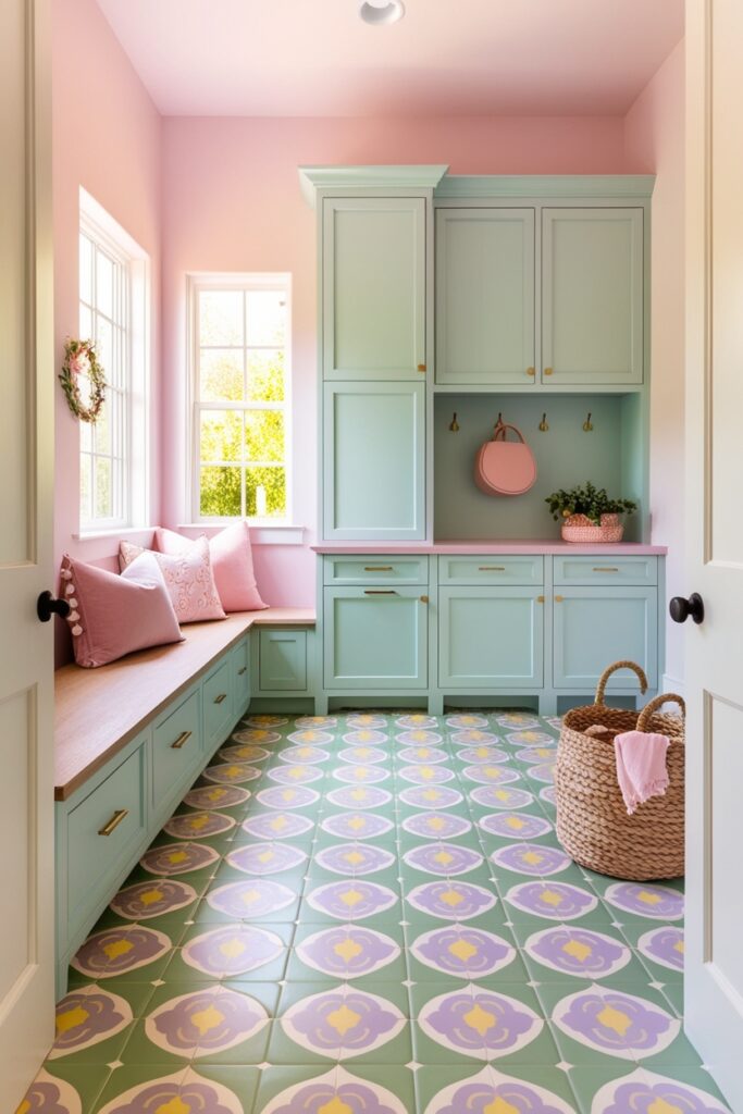 Modern pastel mud room with patterned tile flooring