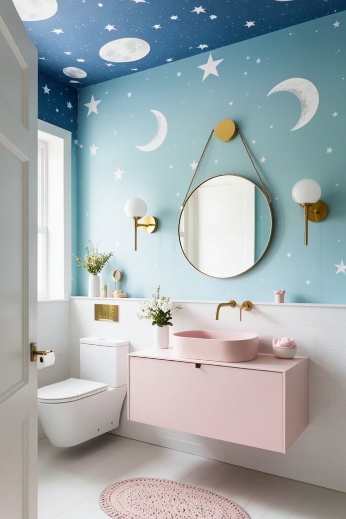 Modern pastel-themed bathroom with white walls and baby blue celestial wallpaper on the ceiling