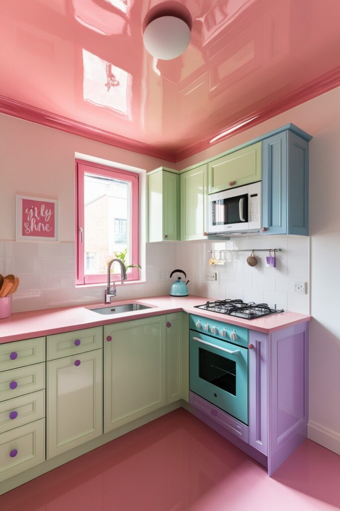 Modern small kitchen with a glossy pastel pink ceiling reflecting soft light