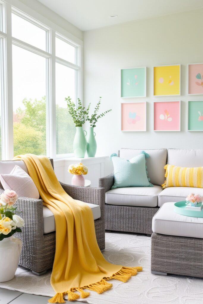 Modern sunroom with neutral furniture and pops of color butter yellow throw blanket, mint green vases