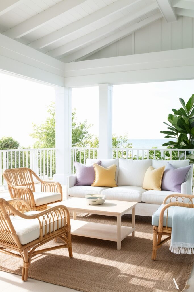 Modern sunroom with rattan chairs, a white linen sofa, and a light wood coffee table