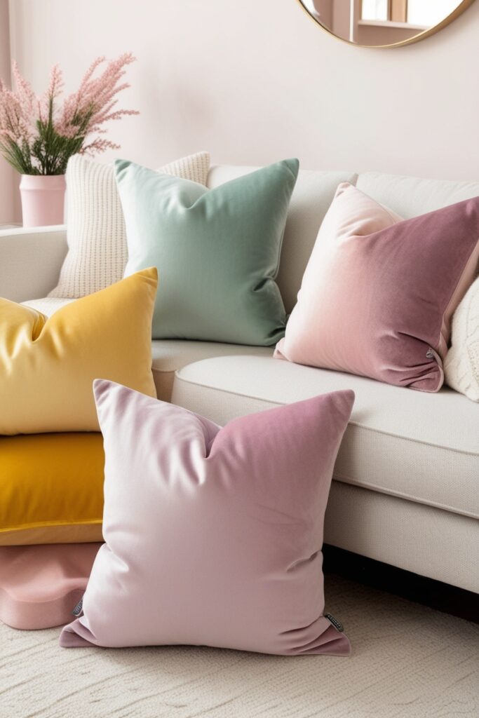 Modern winter sofa with pastel throw pillows in velvet and wool textures