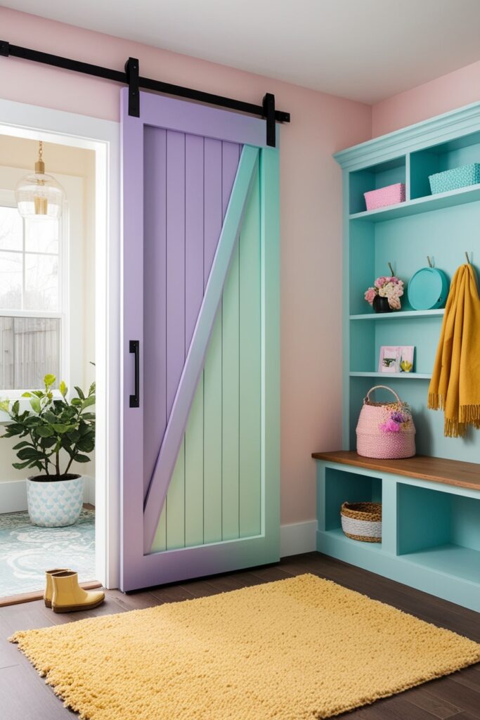 Mud room with modern pastel sliding barn door painted