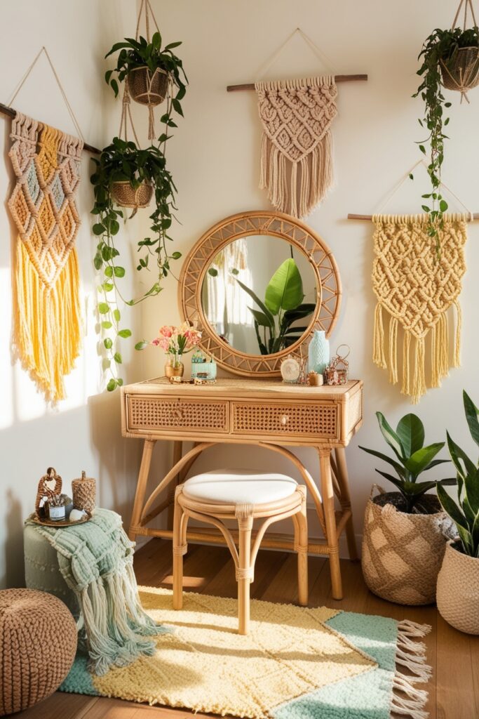 Natural rattan vanity with a woven mirror, surrounded by hanging plants and trailing greenery