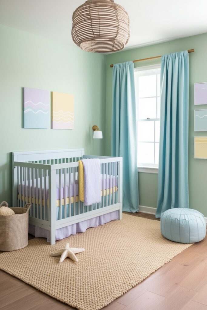 Nautical nursery in a soft coastal color palette seafoam green walls, sandy beige rug, baby blue curtains