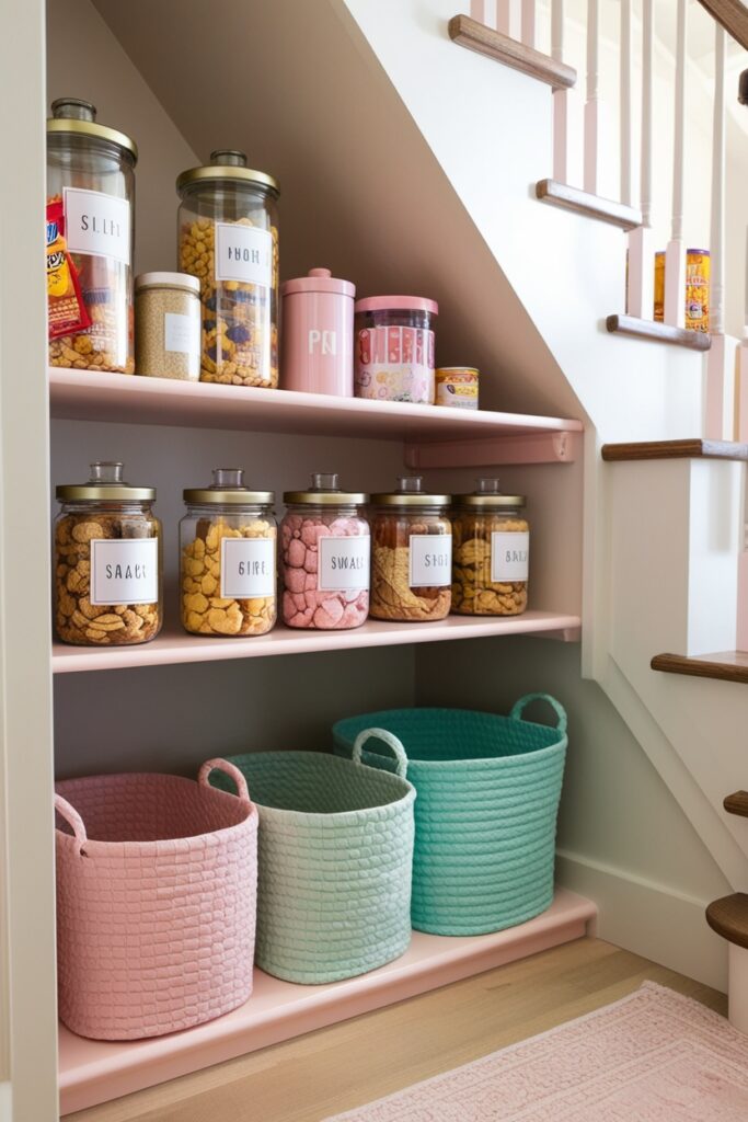 Organized pantry shelves under stairs, stocked with jars of snacks and ingredients labeled