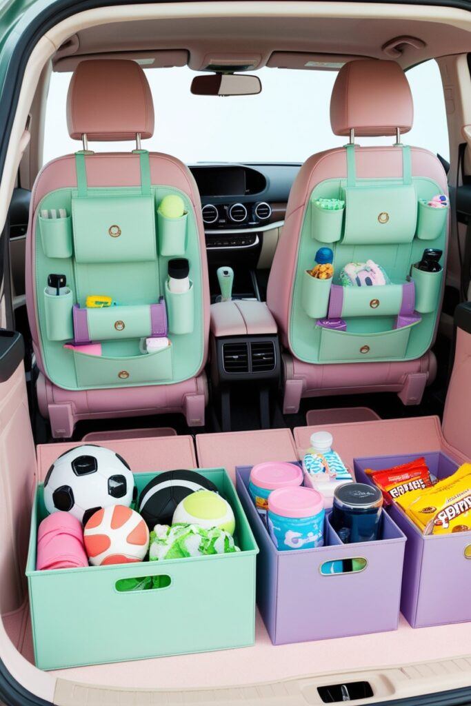 Pastel car interior with seatback organizers in mint green and lavender