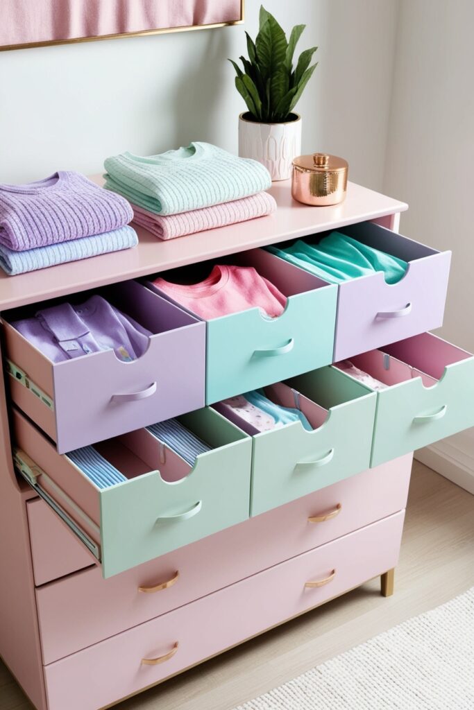 Pastel dresser with drawers organized in file-fold style. Clothes in soft shades