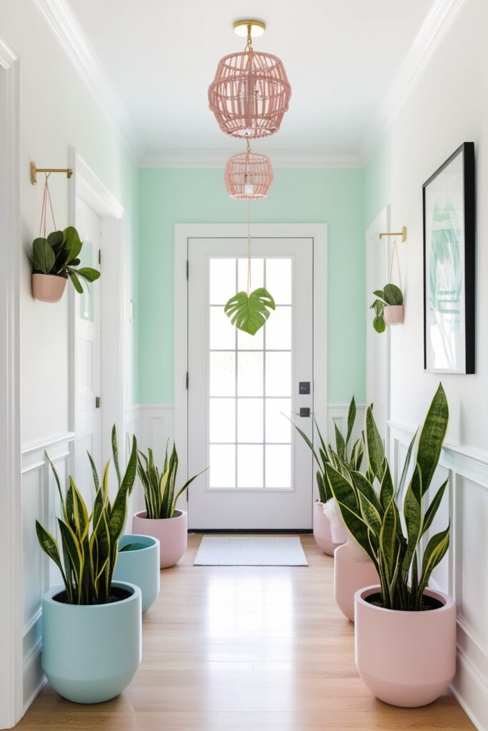 Pastel entry hallway with cute potted plants