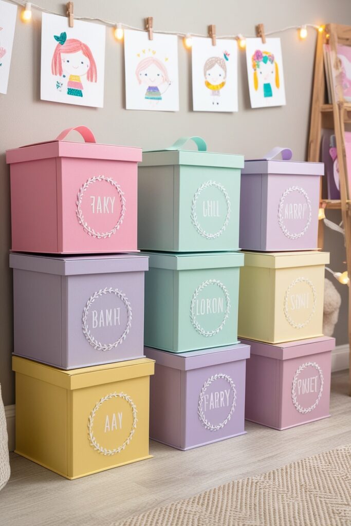 Pastel memory boxes stacked neatly, each with a kid’s name in girly lettering