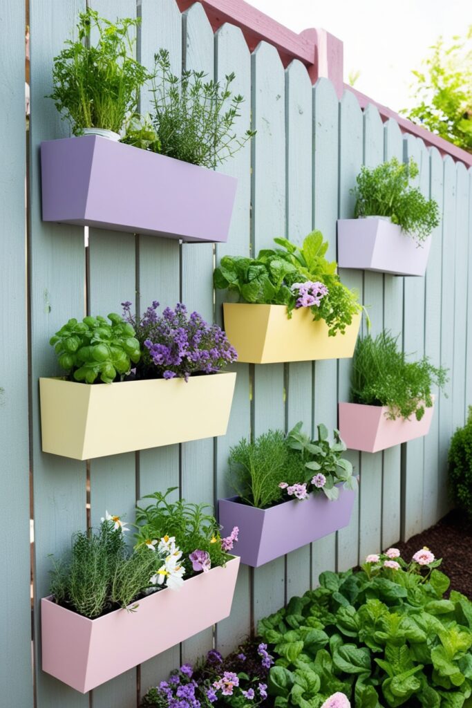 Pastel-painted wooden fence with vertical garden planters