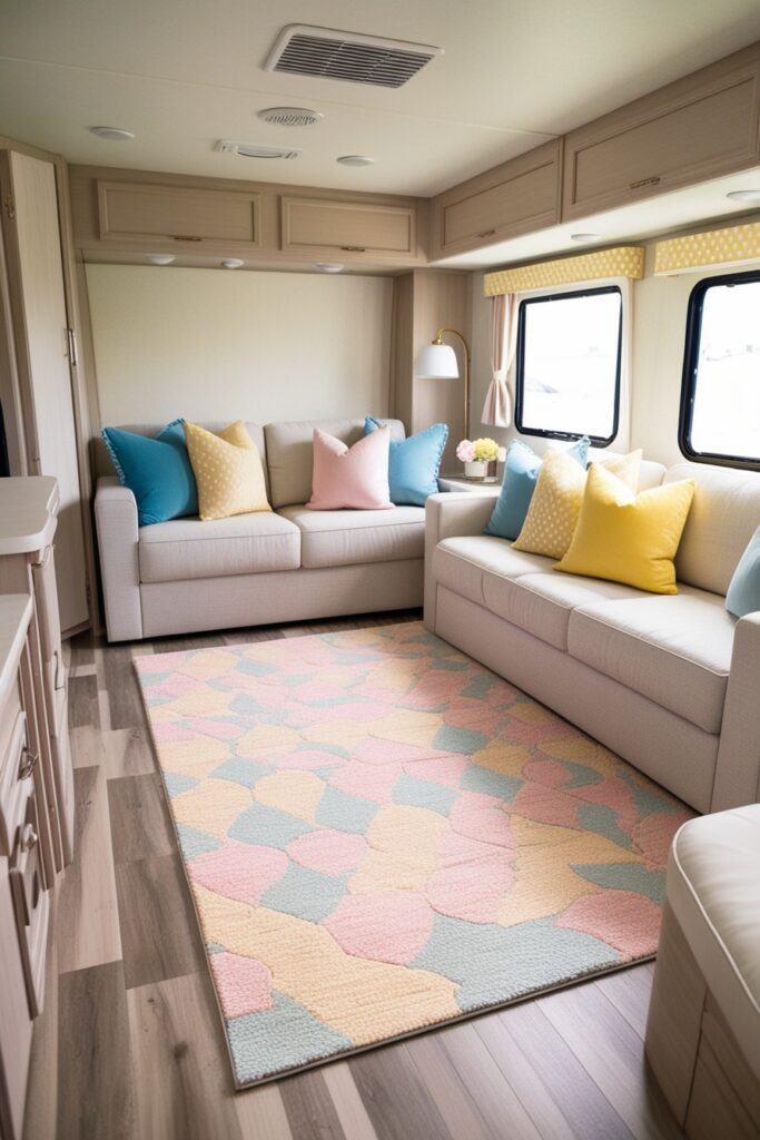 Pastel patterned low-pile rug in an RV living area