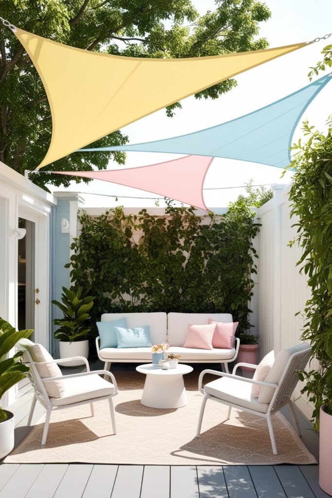 Pastel triangular shade sails (butter yellow, baby blue, soft pink) over a cute backyard seating area