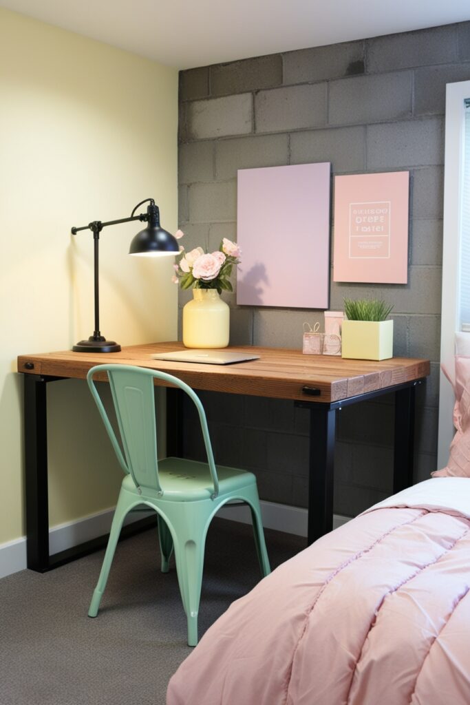 Pastel twist on industrial style bedroom office, reclaimed wood desk with matte black legs, mint green metal chair