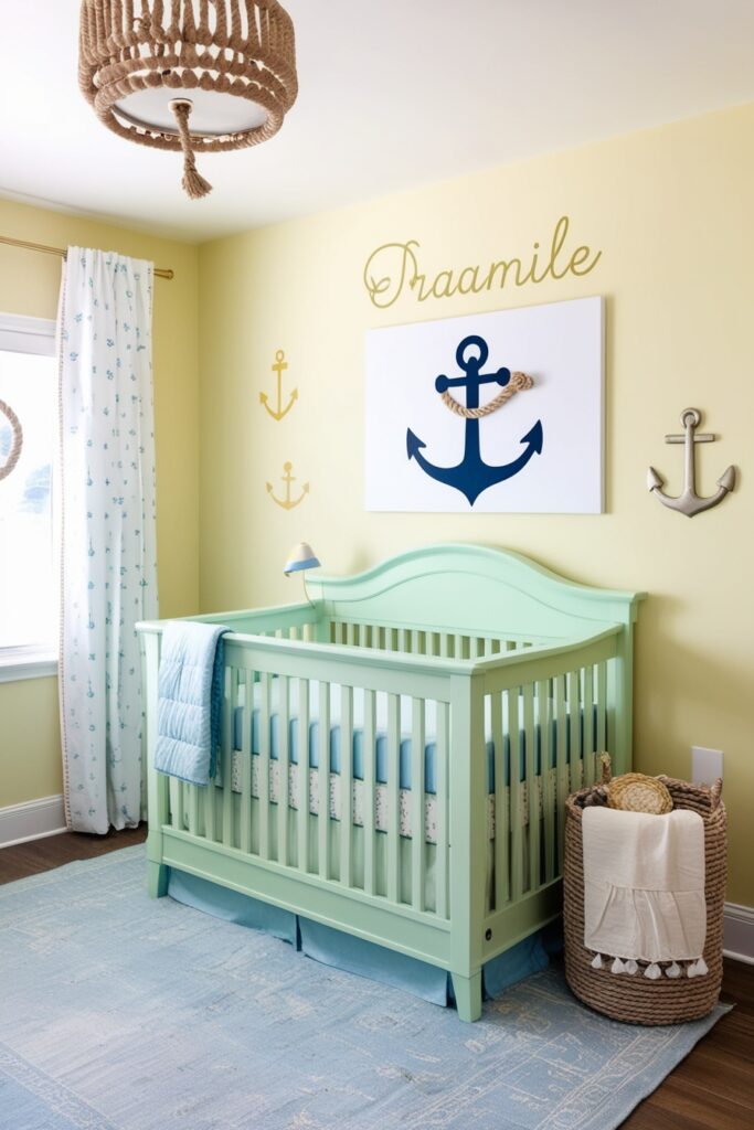 Personalized pastel nautical nursery with baby’s name on an anchor wall art