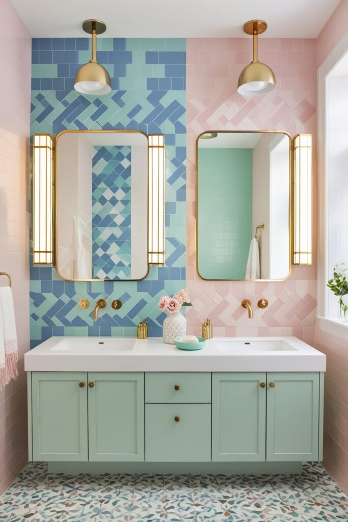 Playful Jack and Jill bathroom with pastel mosaic tiles