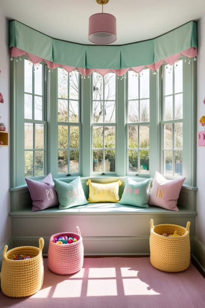 Playful bay window kids’ corner with pastel cushions, canopy in mint green and lavender