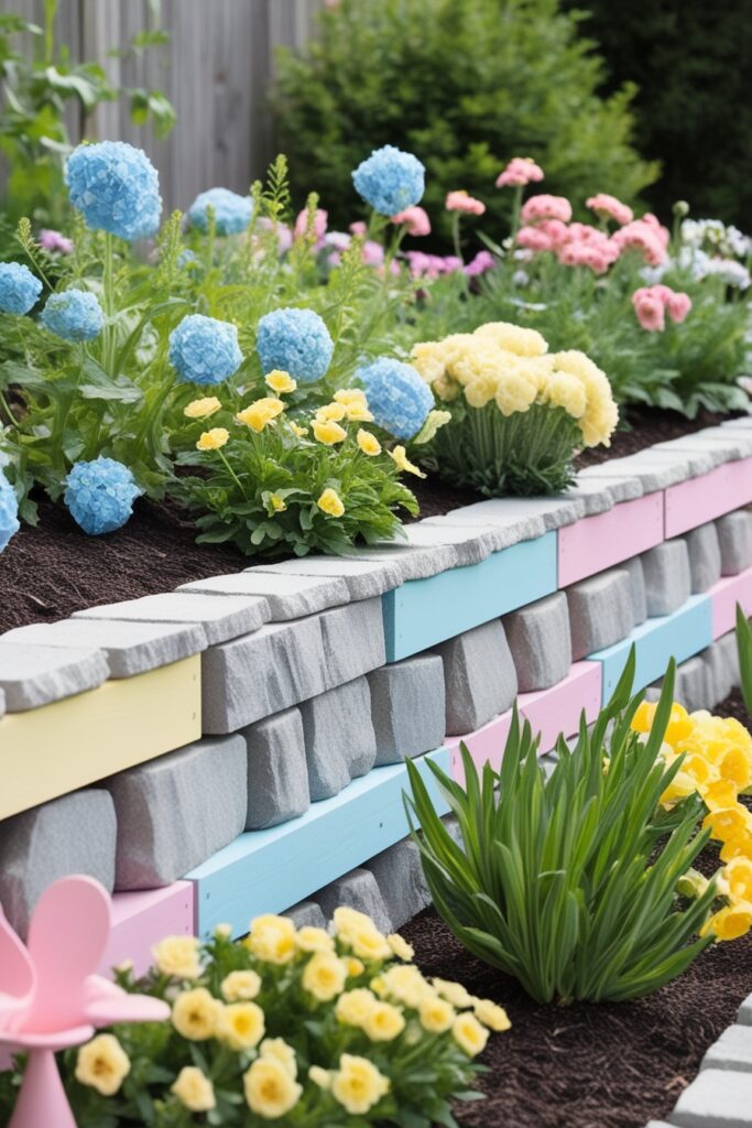 Playful retaining wall made from a mix of stone and pastel-painted wood