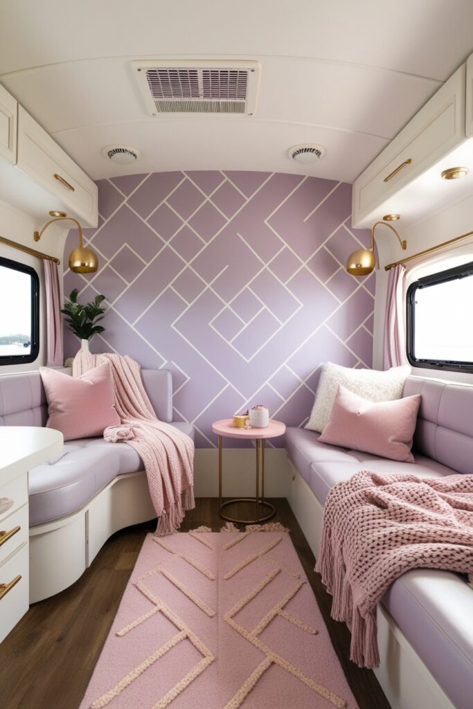 RV accent wall with pastel lavender peel-and-stick wallpaper in a geometric pattern