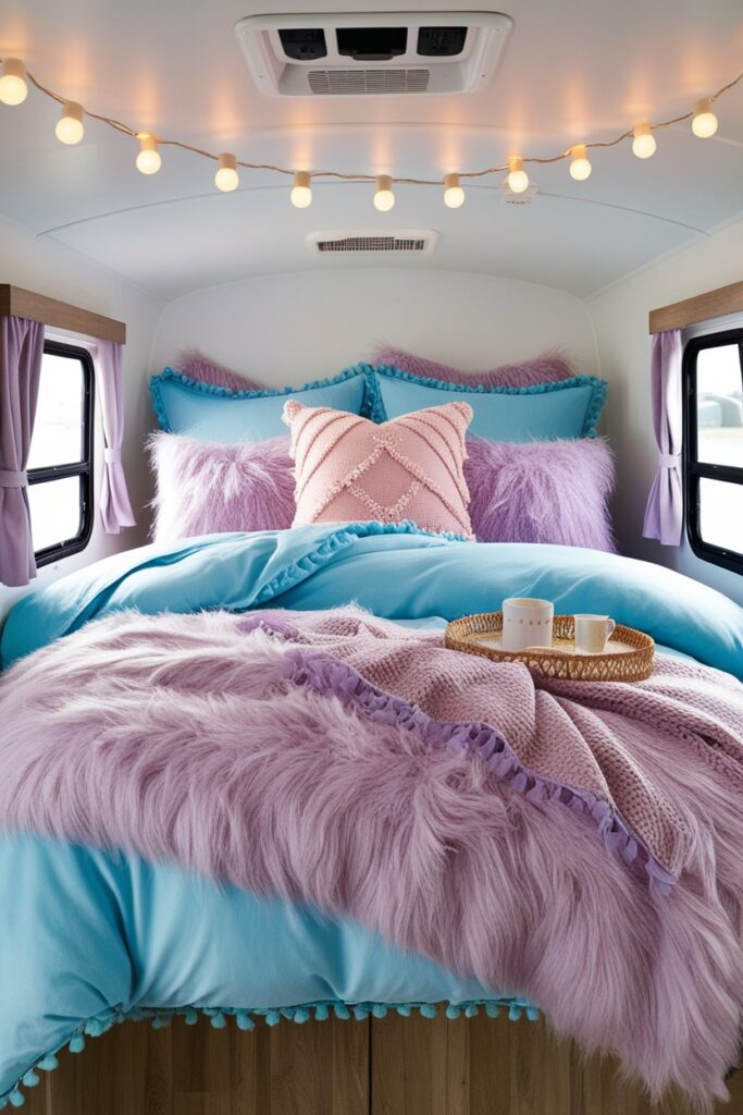 RV bedroom with fluffy pastel bedding in baby blue and lavender, cozy duvet, layered pillows