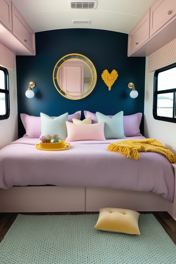 RV bedroom with one navy pastel accent wall, decorated with pastel lavender bedding, mint green rug