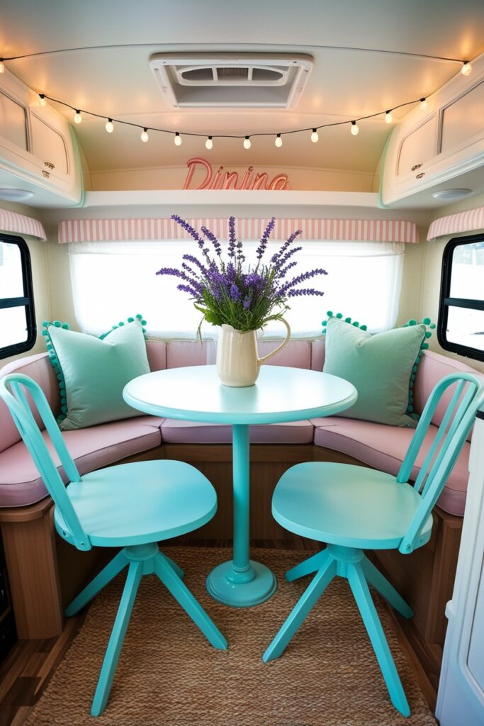 RV dining area redesigned with a pastel baby blue bistro table and chairs, mint cushions