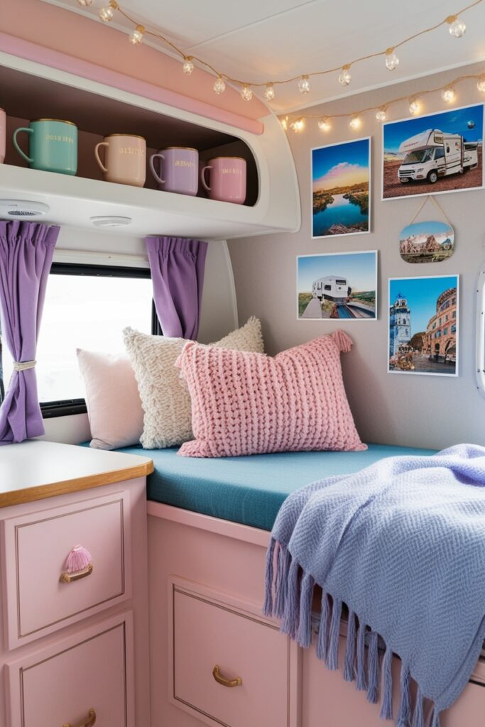 RV interior styled with pastel souvenirs, cute pastel mugs on a shelf, cozy baby blue throw blanket