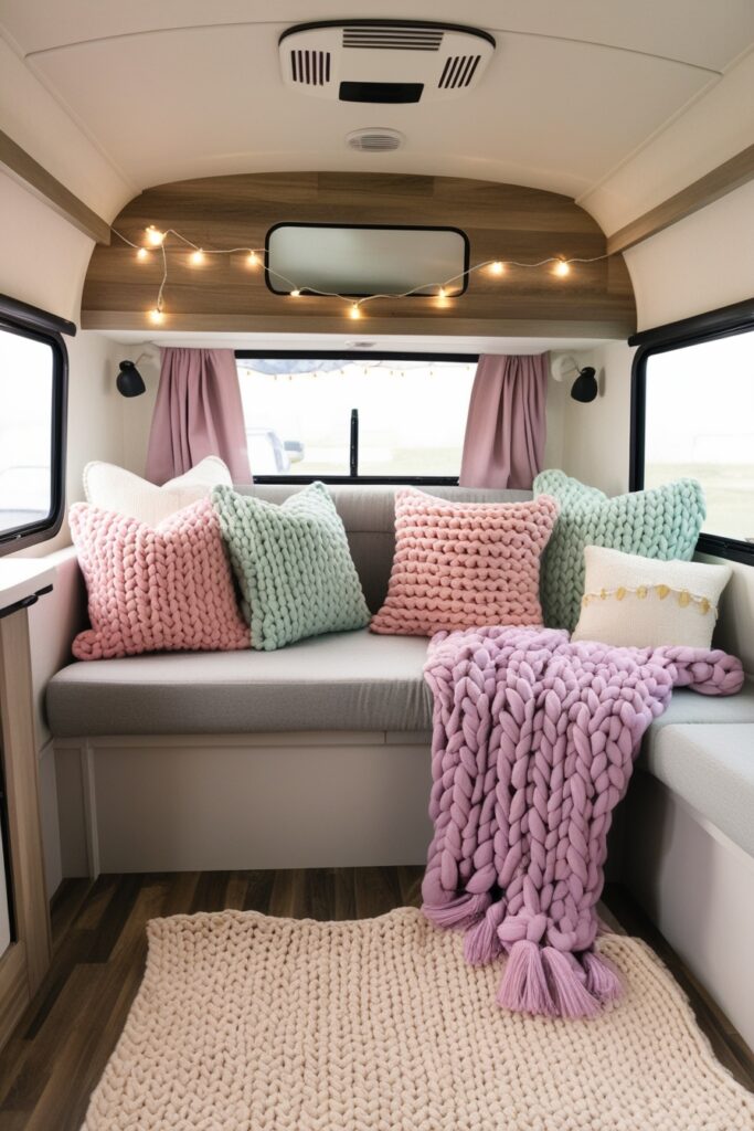 RV seating area styled with a variety of pastel throw pillows in pink, mint green, and lavender, chunky knit blankets