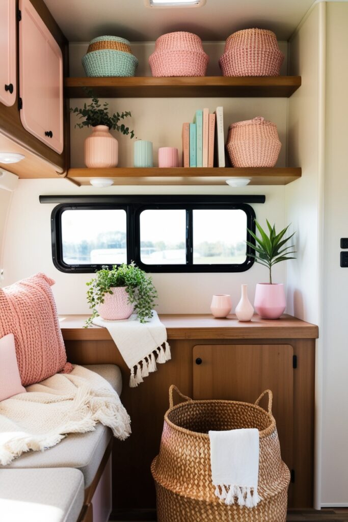 RV with woven baskets in pastel shades, floating shelves decorated with pastel décor pieces