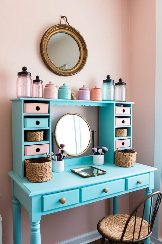 Repurposed pastel-painted desk turned into a vanity, mismatched pastel colors