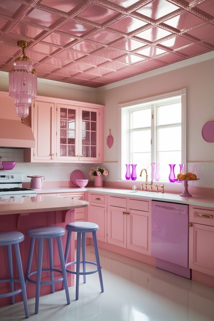 Retro glam pastel kitchen with a shiny tin ceiling painted in soft blush pink and pearl white